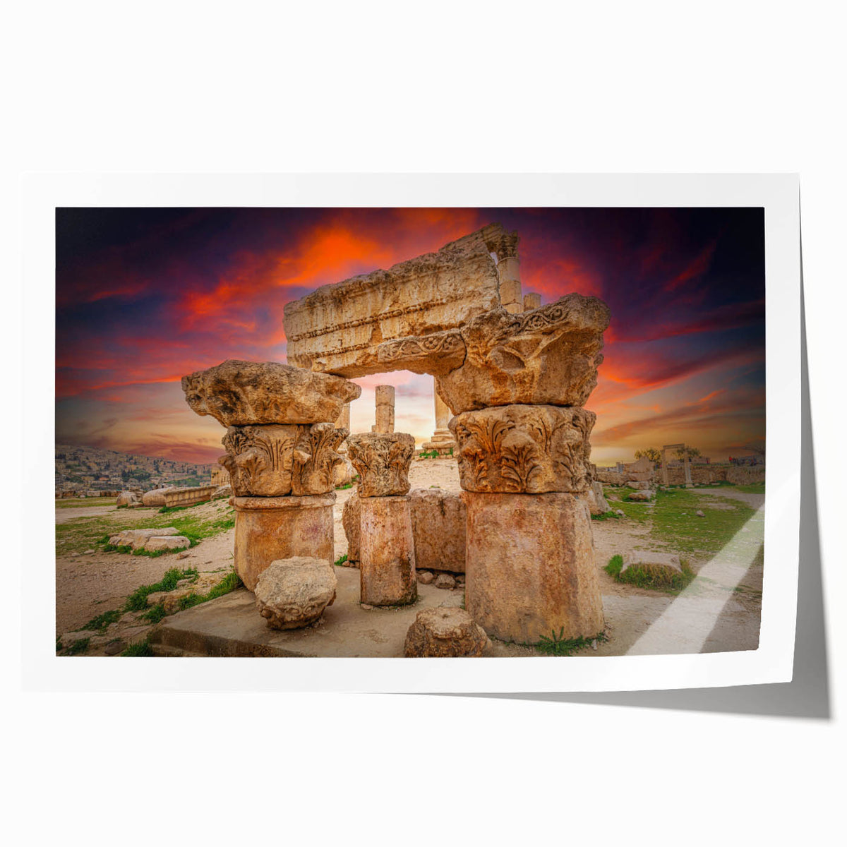 Extra large rolled print of Middle Eastern Jordan scenery with floral elements in muted earth tones.