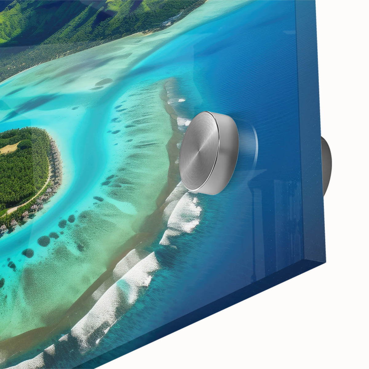 Large abstract wall art of Bora Bora in muted blue and green tones on acrylic glass, ideal for dining room ambiance.