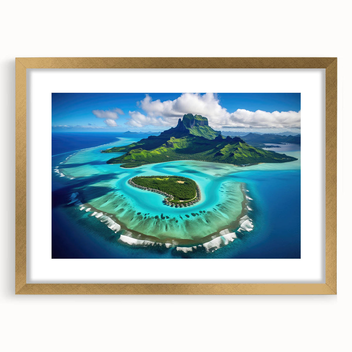 Extra large abstract art print of Bora Bora scenery in gold frame, featuring textured blue and green ocean hues.