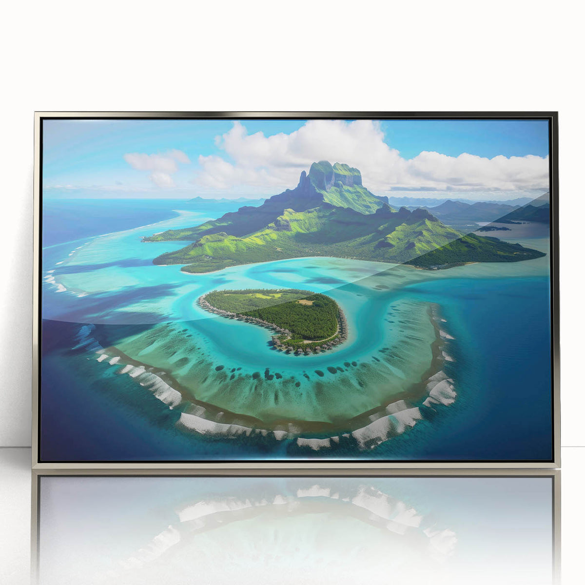 Mid-century modernist art depicting the serene Bora Bora landscape in muted blue and green tones on a silver-framed acrylic…