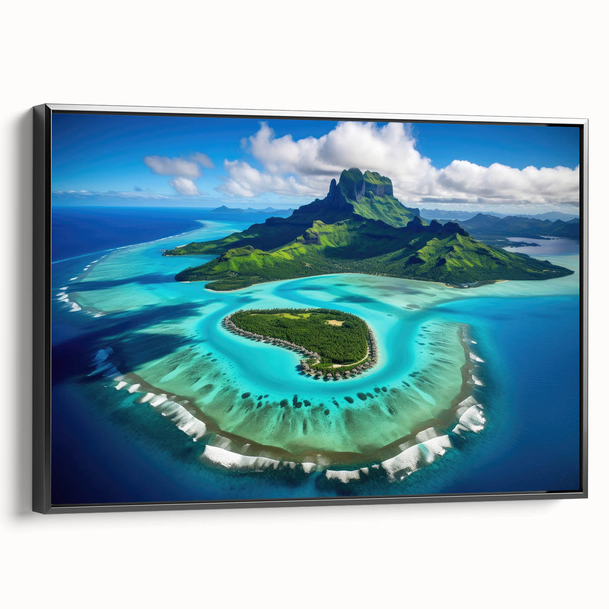 Black and white framed canvas of Bora Bora landscape, ideal for bedroom wall art.