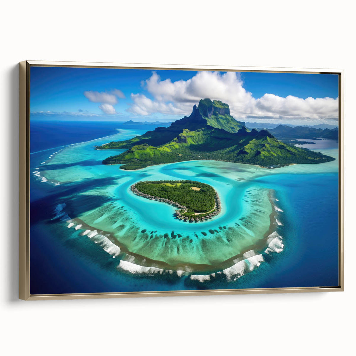 Framed canvas of a serene Bora Bora landscape in muted blue and green tones, ideal for bedroom wall art.