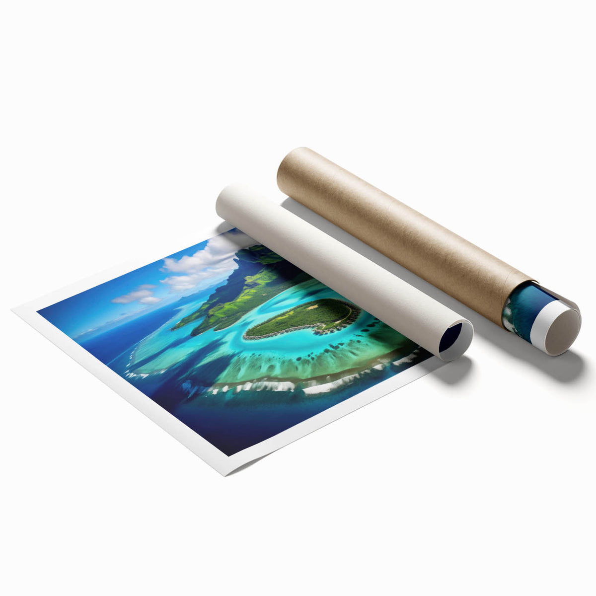 Extra large rolled print of a serene Bora Bora seascape with lush floral elements in soft blue and green tones.