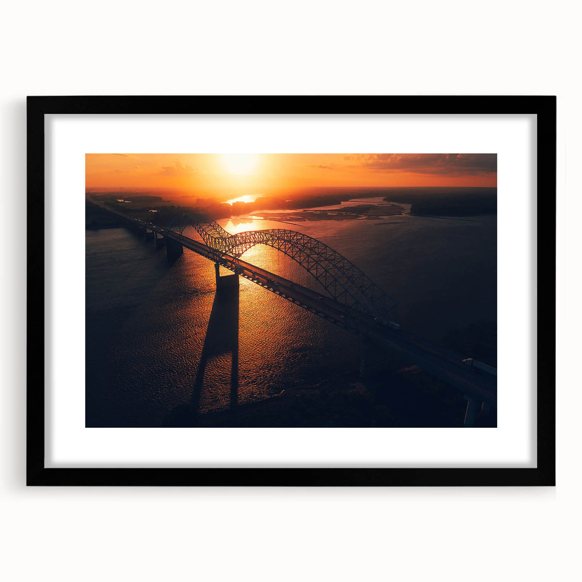 Abstract art print of a colorful, textured Arkansas landscape on a large canvas, framed in black.