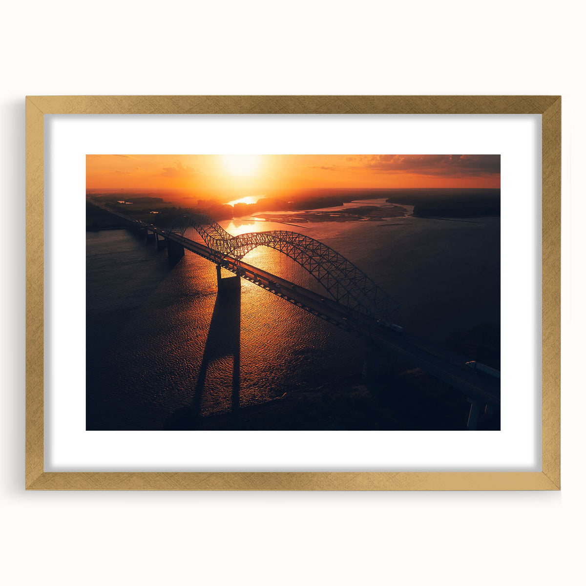 Extra large abstract art print of Arkansas scenery in textured gold frame, ideal for living room decor.