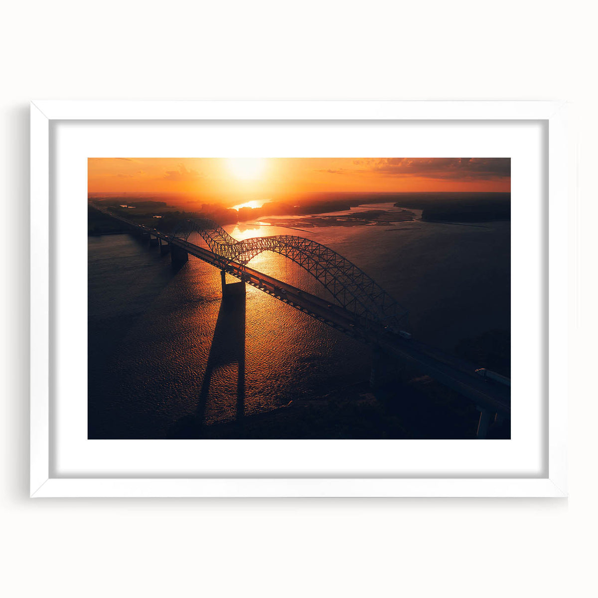 Abstract art print of Arkansas scenery in muted earth tones on a framed white mat, suitable for dining room decor.