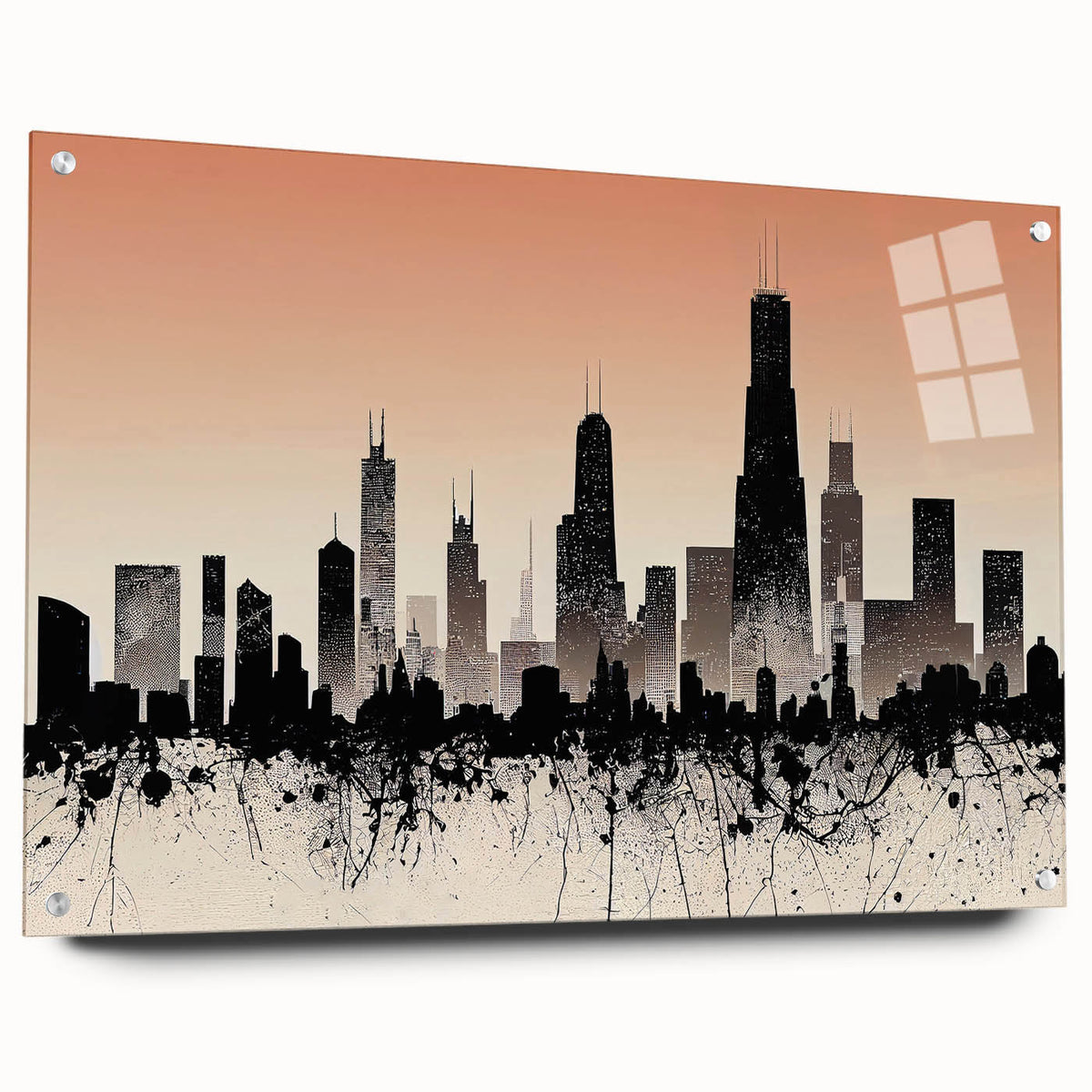 Large abstract depiction of the Chicago skyline in muted blues and grays on acrylic glass.