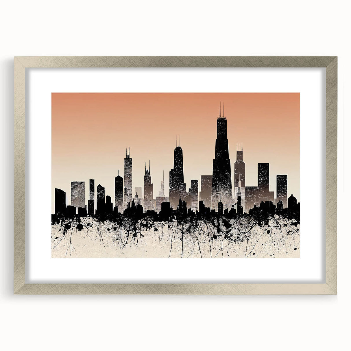 Textured abstract art print of Chicago skyline in muted gray and blue tones on a silver-framed mat, ideal for bedroom art.