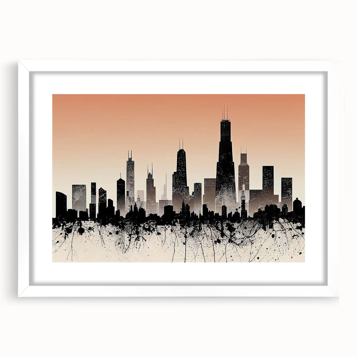 Abstract art print of Chicago skyline in muted gray and blue tones on a framed canvas, suitable for dining room decor.
