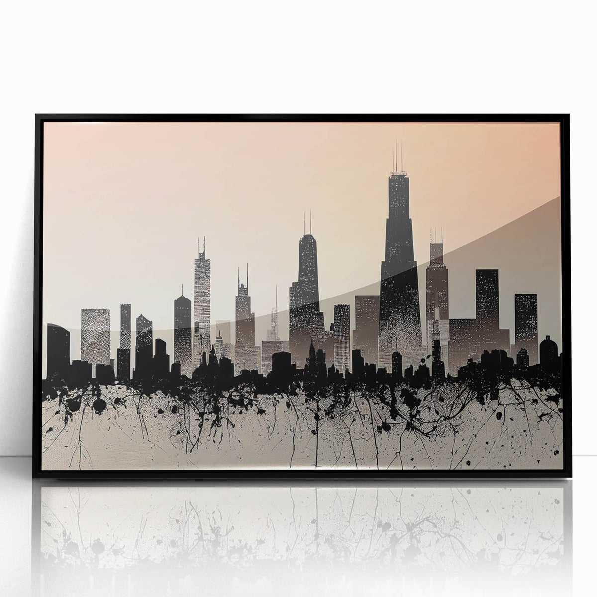Large abstract wall art depicting Chicago skyline in muted black and gray on framed acrylic.