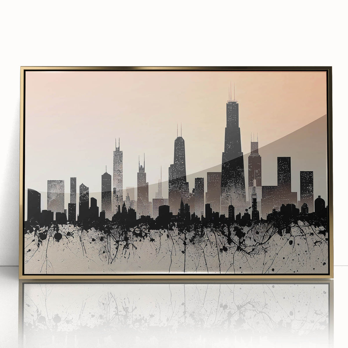 Framed acrylic print of Chicago skyline in gold tones, ideal for modern art wall decor.