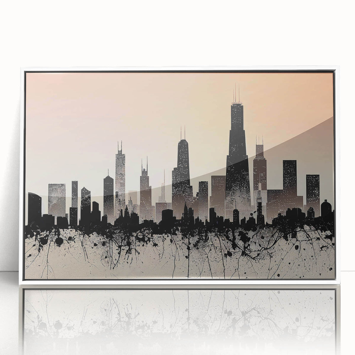 Art deco poster of Chicago skyline in muted gray and blue tones, framed acrylic, ideal for modern bedroom ambiance.