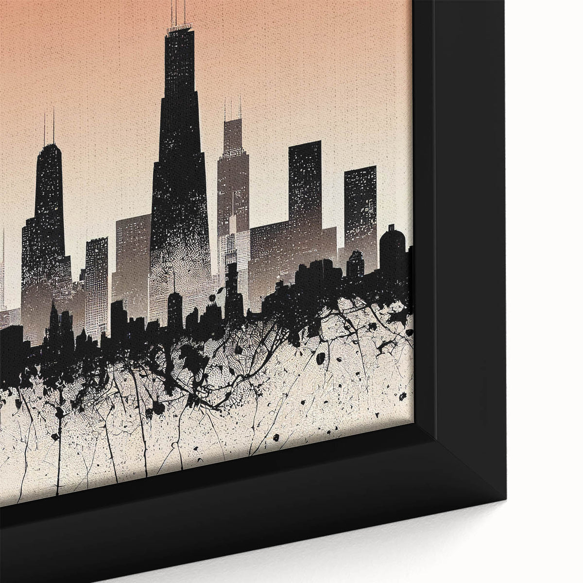 Extra large framed canvas featuring a textured depiction of the Chicago skyline in black with colorful art accents.