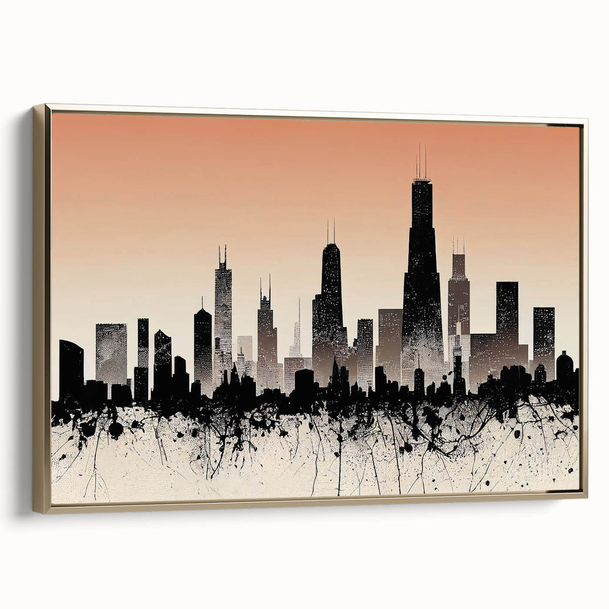 Framed canvas wall art featuring a vintage poster of the Chicago skyline in black and gold tones, ideal for bedroom decor.