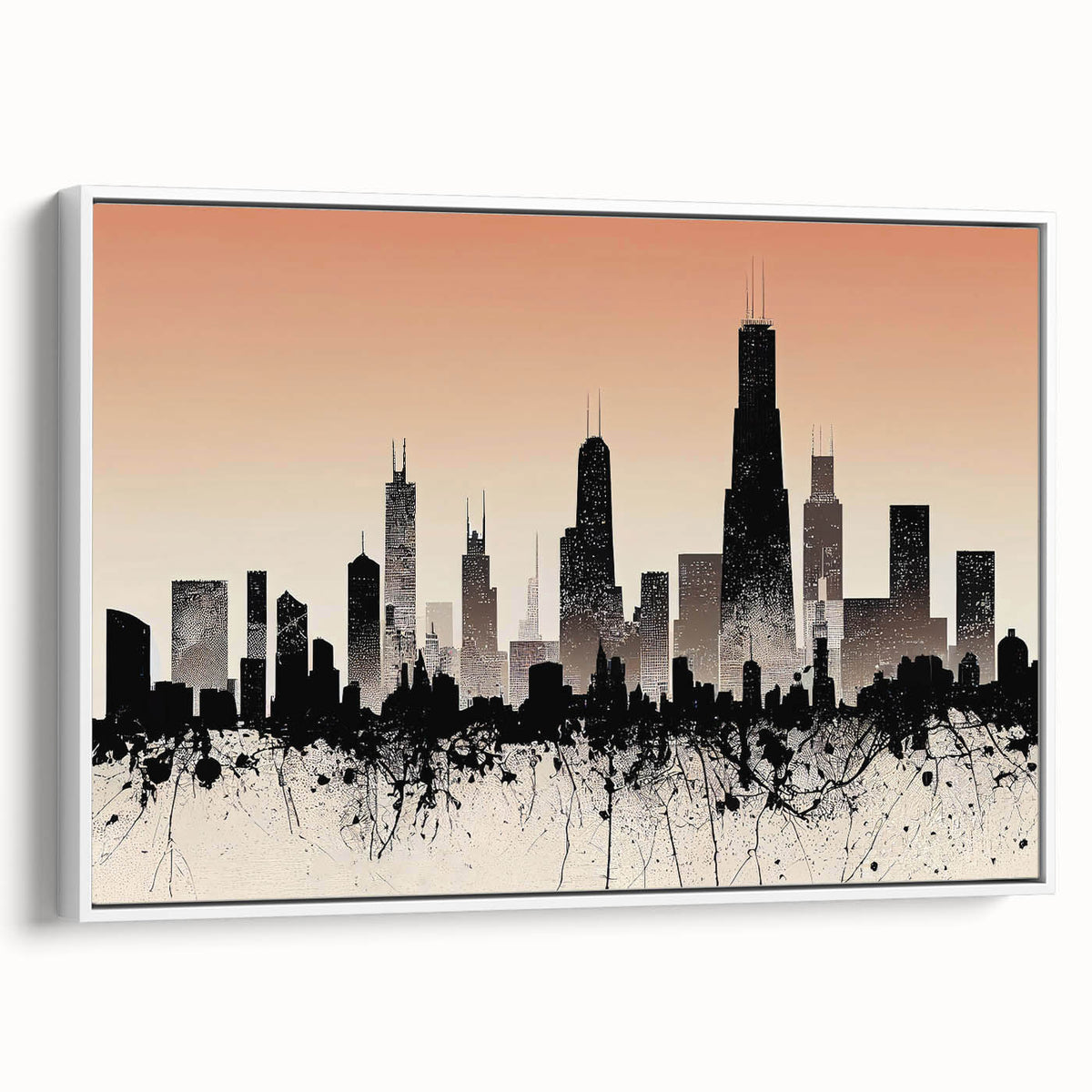 Vintage poster art of Chicago skyline in vibrant colors on extra-large framed canvas, suitable for living room decor.