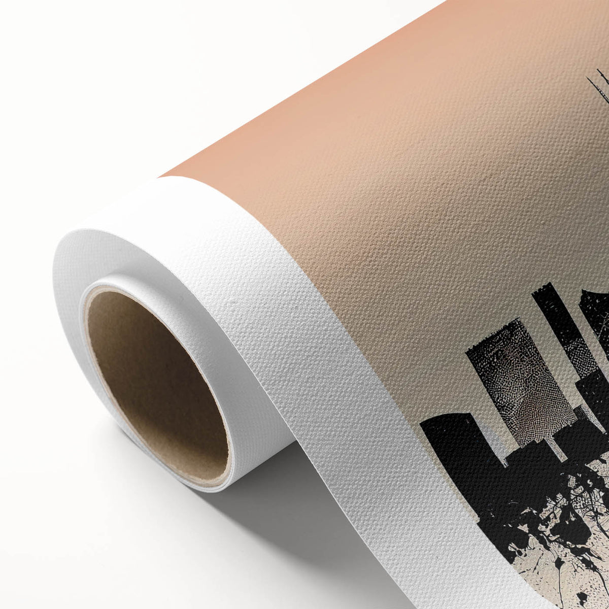 Art deco poster of Chicago skyline in monochrome shades on rolled canvas, suitable for dining room wall art.