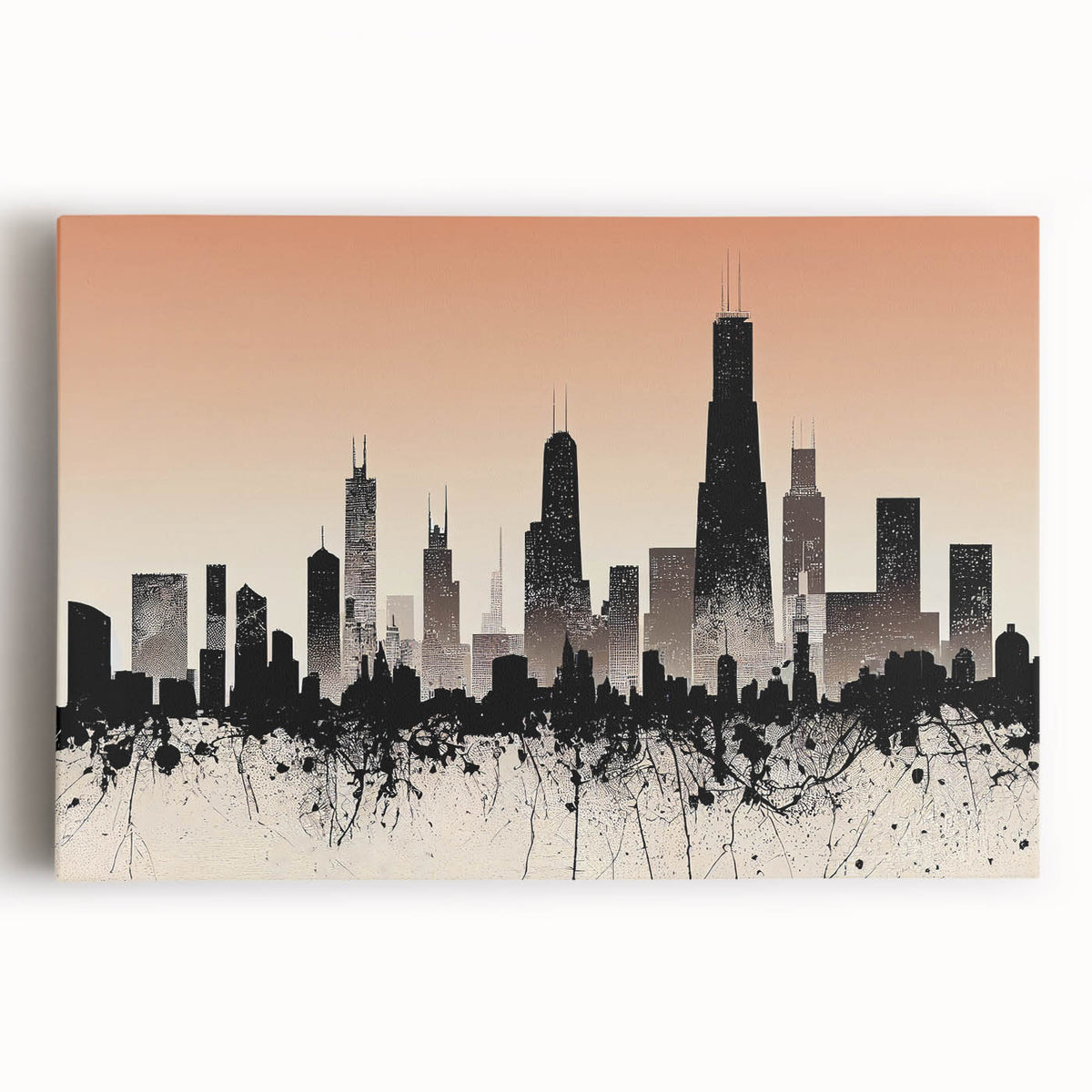 Black and white large canvas depicting the Chicago skyline, ideal for kitchen wall art.