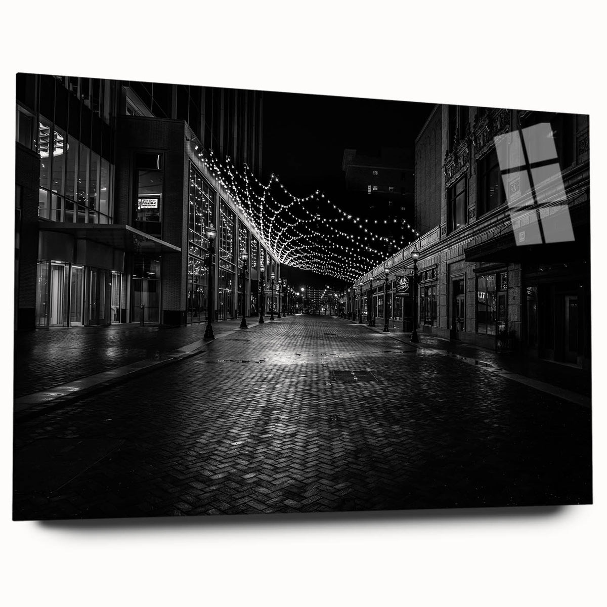 Large abstract wall art of Detroit skyline in muted gray and blue tones on acrylic glass.