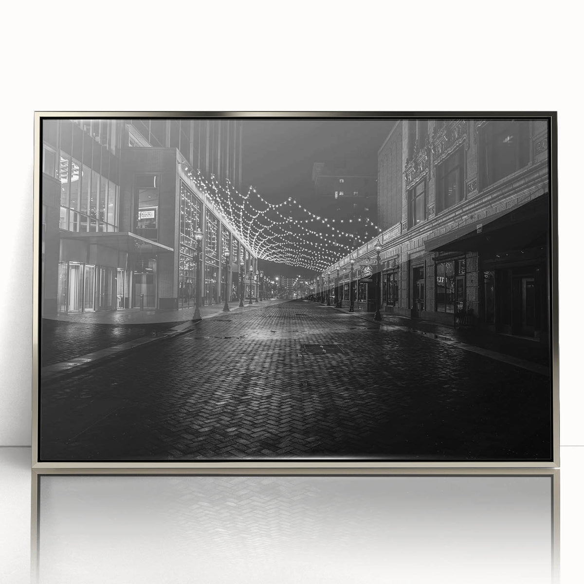 Mid-century modernist art depicting Detroit skyline in muted metallic tones on a framed acrylic print.