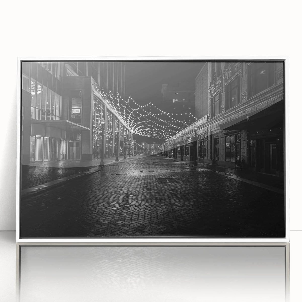 Art Deco poster of Detroit skyline in muted gray and white, acrylic framed, suitable for modern art wall decor.