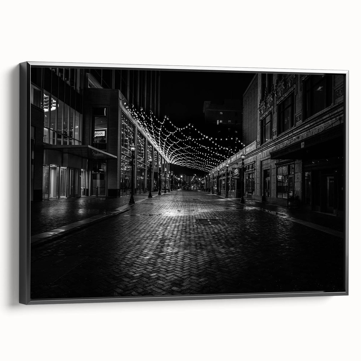 Black and white framed canvas of Detroit landscape, ideal for bedroom wall art.