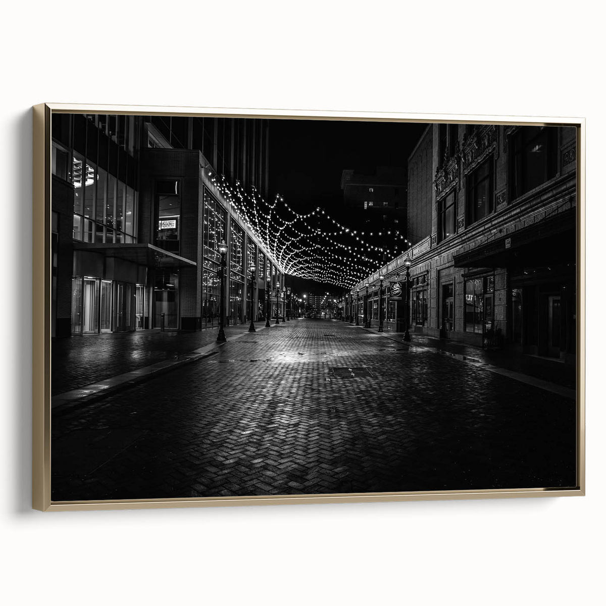 Framed canvas depicting a vintage-style Detroit landscape in muted gold and black tones, ideal for bedroom wall art.