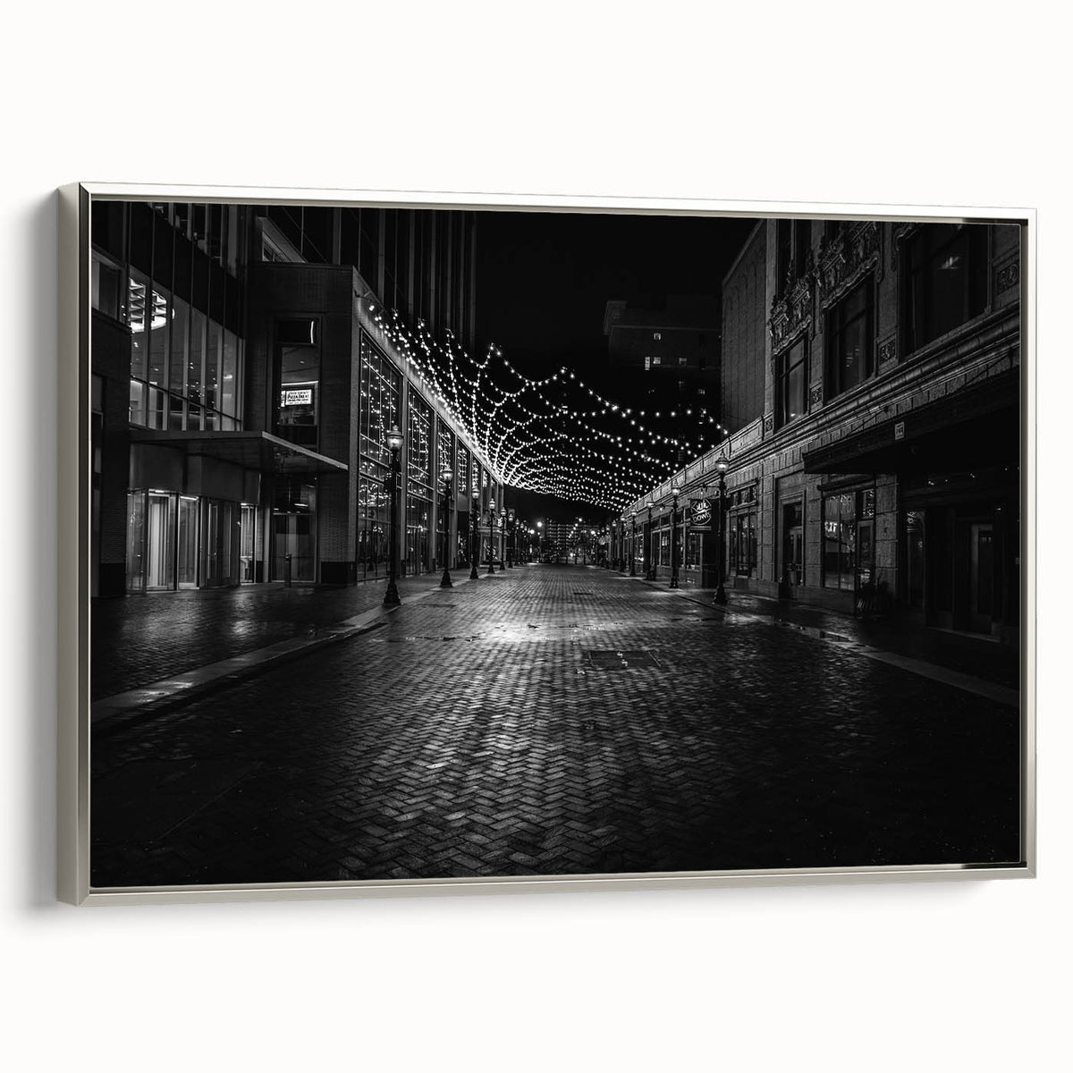 Framed canvas of a vintage-style Detroit landscape in colorful hues, ideal for office wall decor.