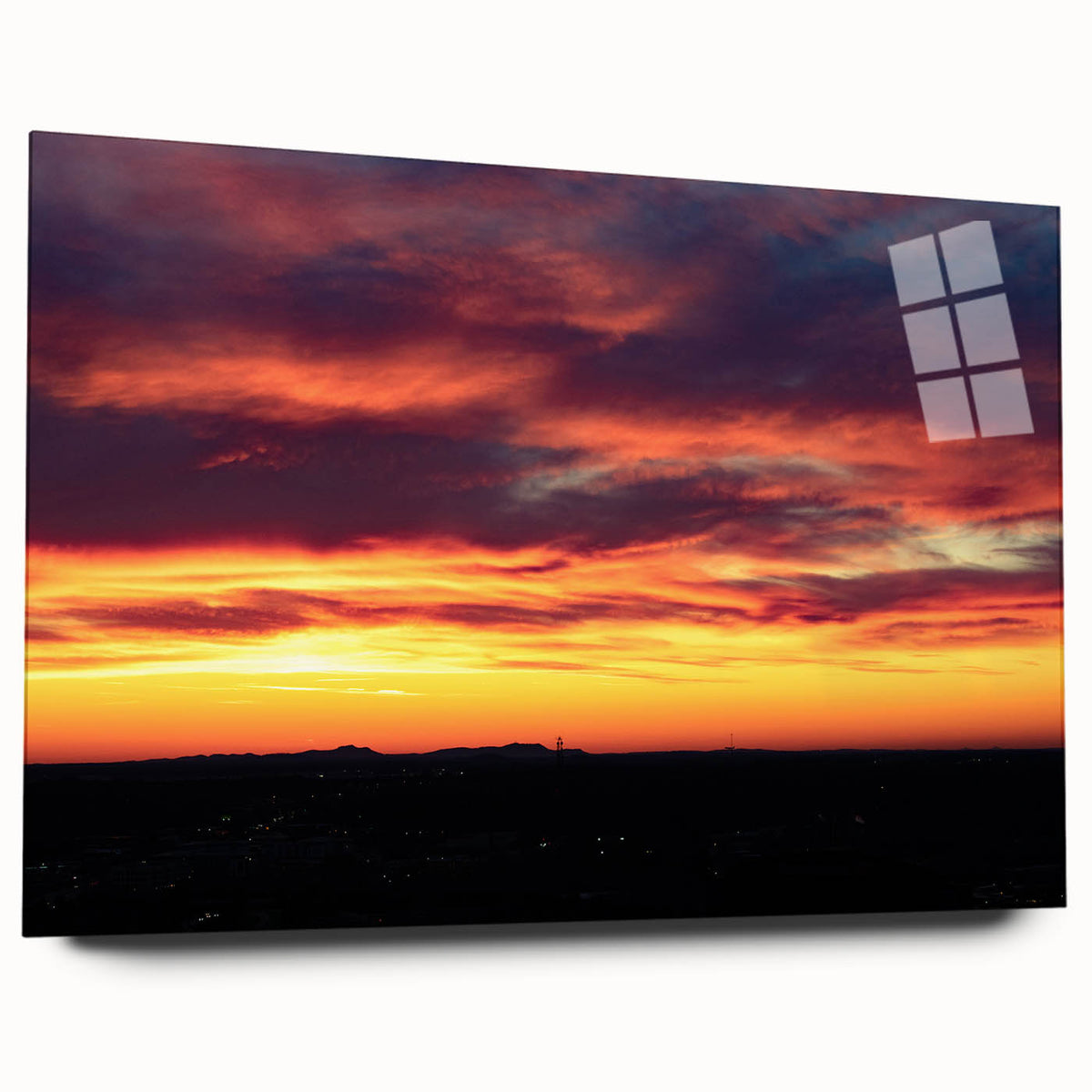 Acrylic print of a large abstract depiction of the Charlotte skyline in muted blue and gray tones.