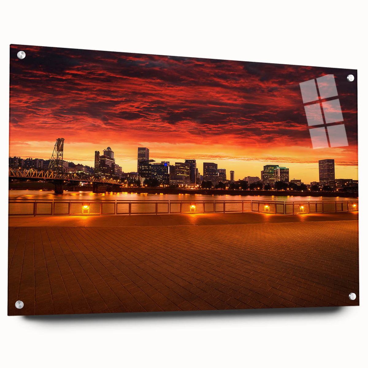 Acrylic print of Portland, Oregon skyline in muted gray and blue tones, suitable for bedroom or dining room decor.