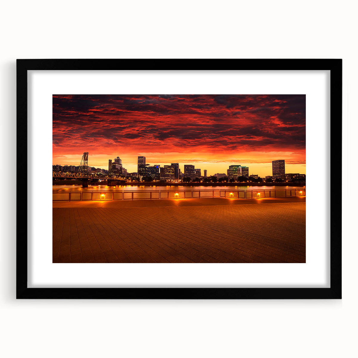 Extra large abstract art print of Portland, Oregon, featuring vibrant, colorful textures on a framed canvas.
