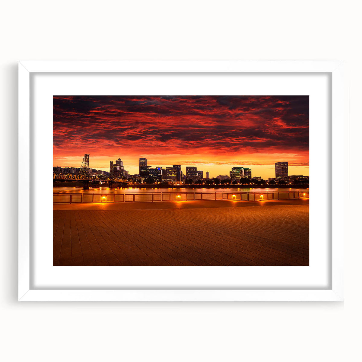 Abstract art print of Portland, Oregon in muted gray and blue tones on a framed white mat.