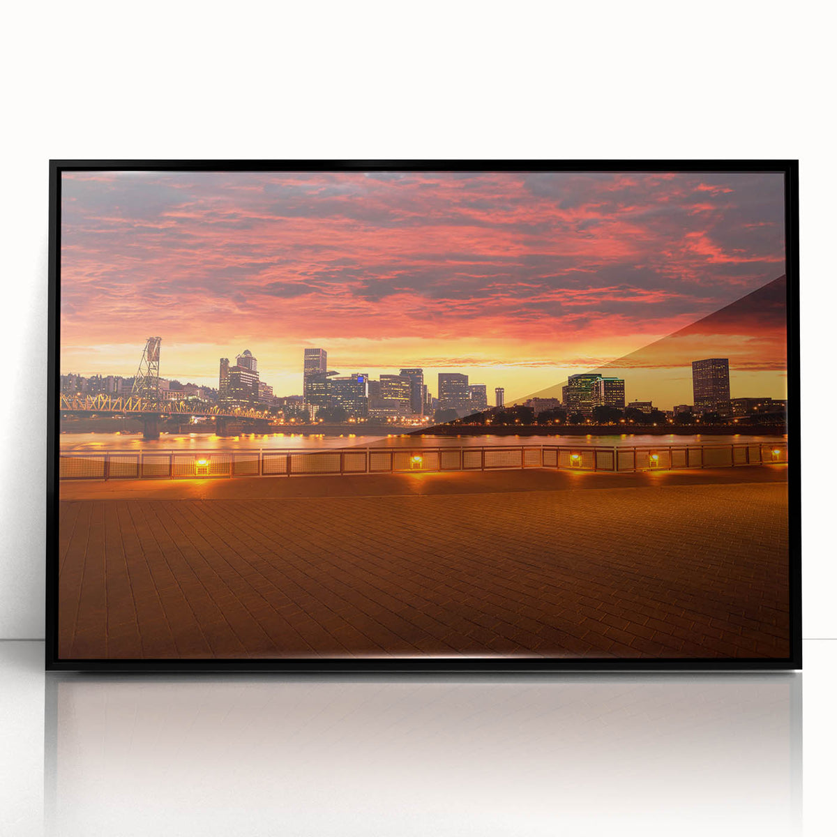 Large abstract wall art depicting Portland, Oregon, in muted earth tones on a framed acrylic.