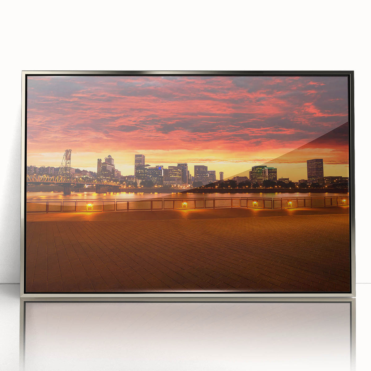 Mid-century modernist art of Portland, Oregon skyline in muted colors on framed acrylic, suitable for modern art wall decor.