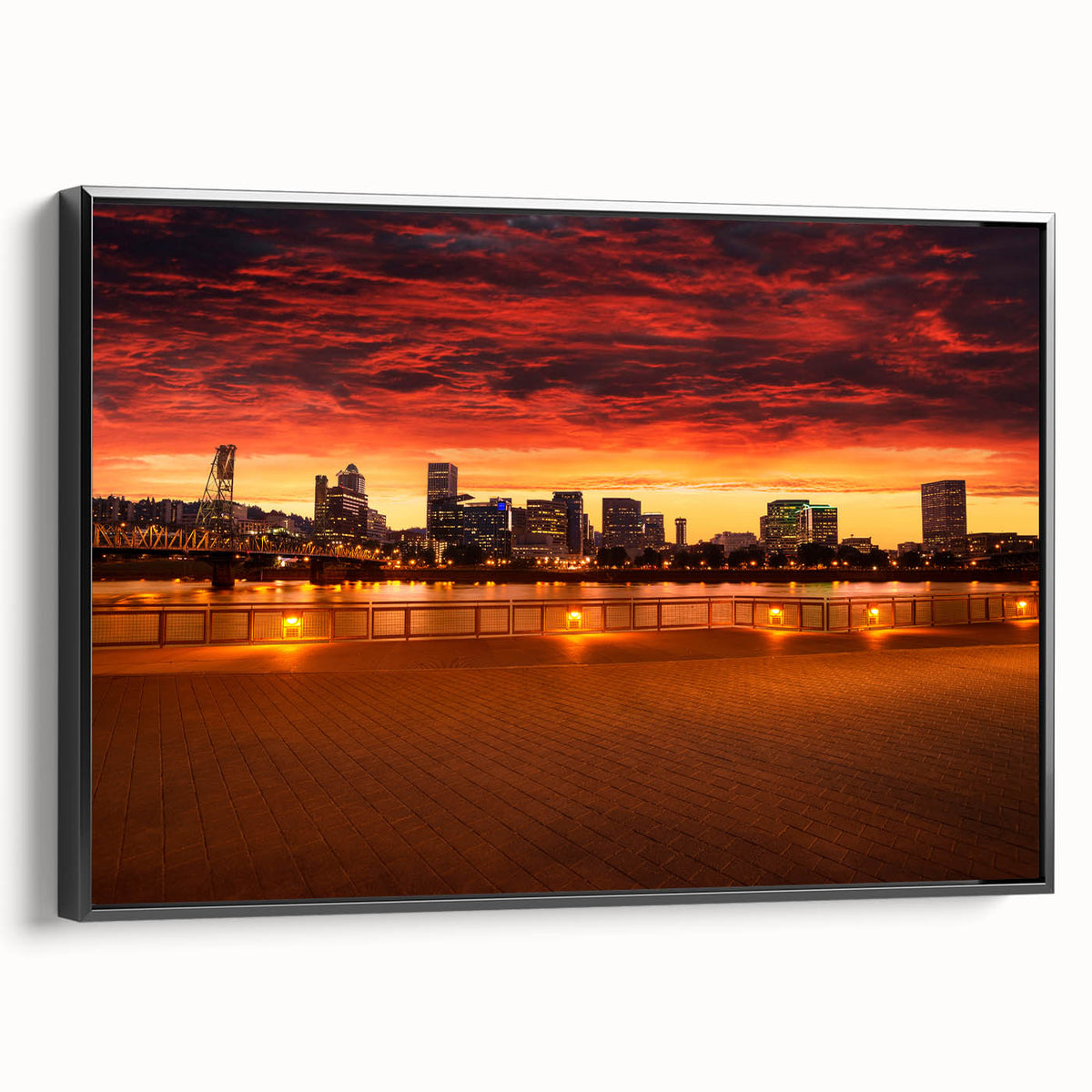 Black and white framed canvas of Portland, Oregon landscape, ideal for bedroom wall decor.