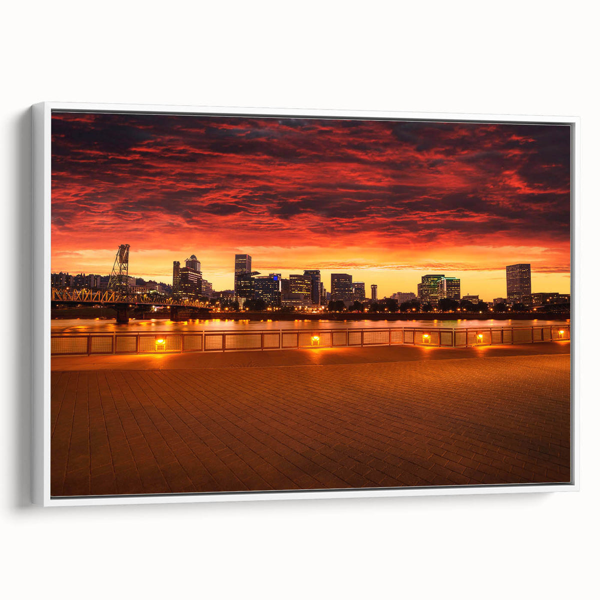 Vintage poster art of Portland, Oregon on framed canvas with colorful artwork, ideal for living room decor.