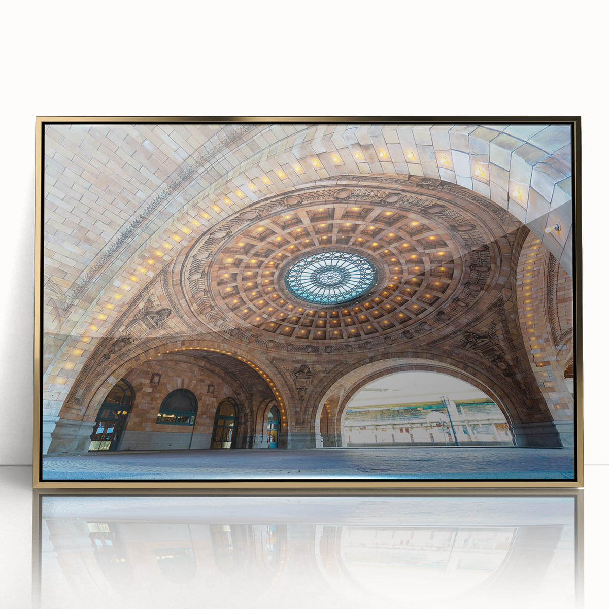Framed acrylic print of Pittsburgh skyline in muted gold tones, ideal for modern art wall decor.