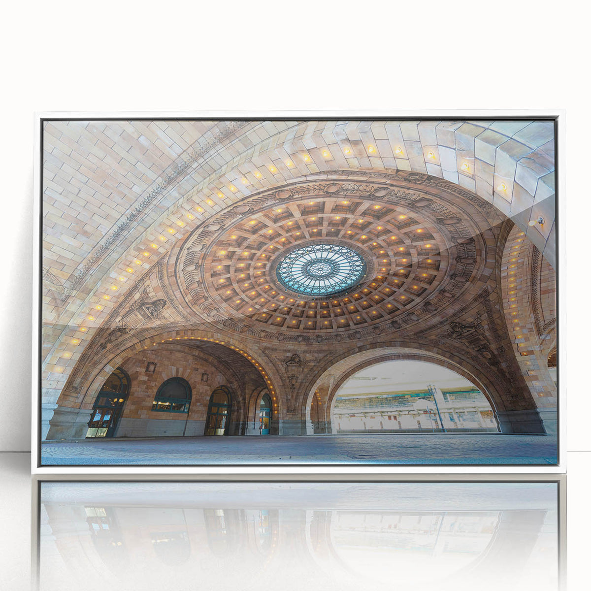 Acrylic print of Pittsburgh skyline in art deco style with muted gray and blue tones, ideal for modern art wall decor.