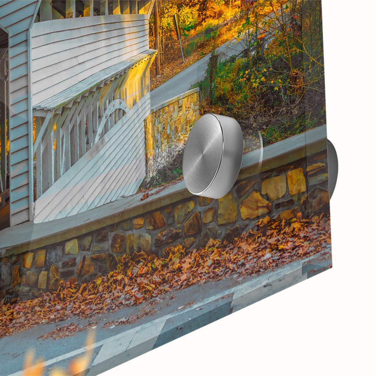 Large abstract wall art featuring mid-century modernist style, acrylic print of Pennsylvania scenery in muted tones.