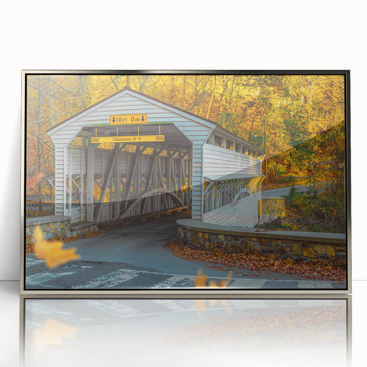 Mid-century modernist art depicting Pennsylvania scenery in muted earth tones, framed in silver acrylic.