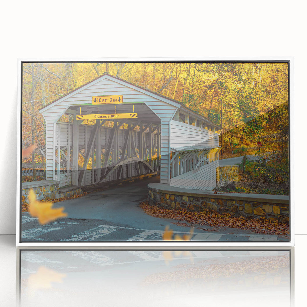Acrylic print of a Pennsylvania landscape in art deco style, with a white frame, suitable for nursery wall art.