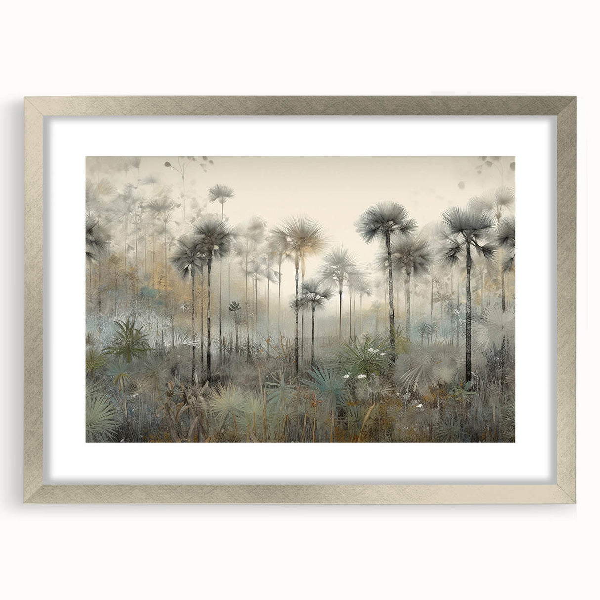 Abstract landscape wall art framed in silver, showcasing a serene blend of colors and textures, enhancing modern interior decor with elegance and style.