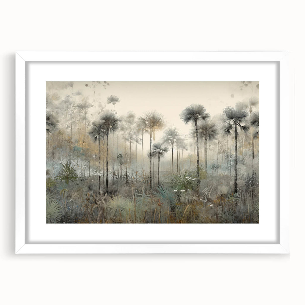 Abstract landscape wall art framed in white with a mat, showcasing vibrant colors and dynamic shapes, ideal for modern home decor and artistic interiors.