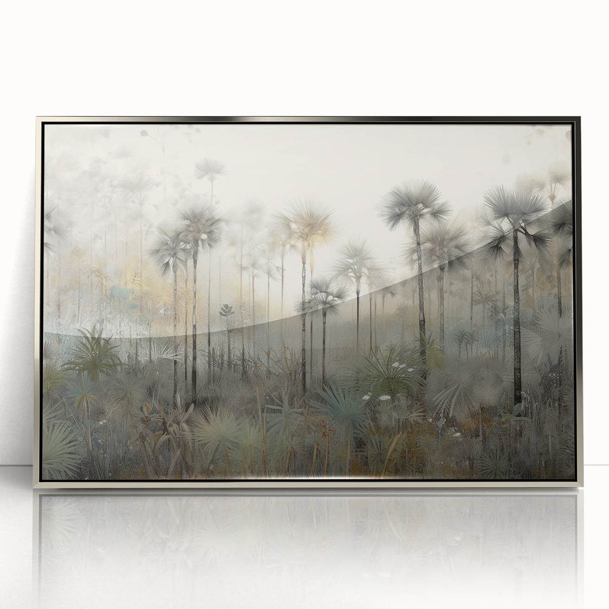 Framed abstract landscape wall art in silver acrylic, showcasing vibrant colors and modern design, perfect for enhancing contemporary home decor settings.