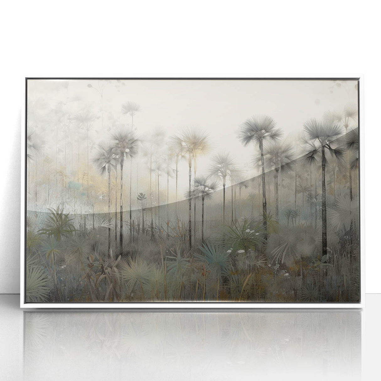 Framed abstract landscape wall art in white acrylic, showcasing vibrant colors and dynamic shapes, perfect for modern home decor or office spaces.