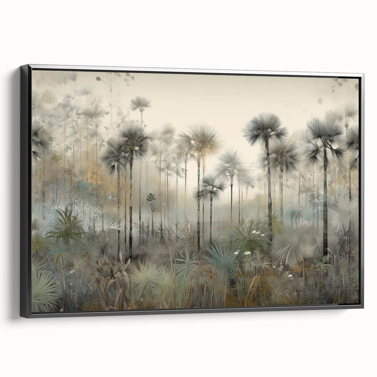 Framed canvas wall art depicting abstract landscapes in muted tones, featuring a sleek black frame and a side view showcasing its elegance and modern aesthetic. Ideal for contemporary home decor.