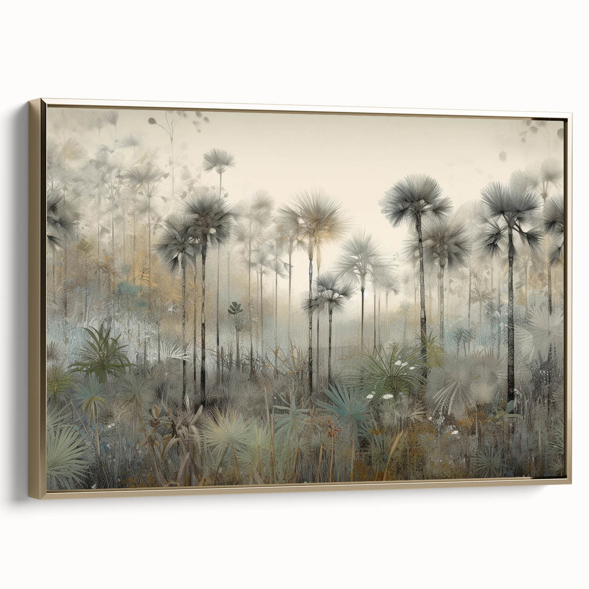 Framed abstract landscape wall art featuring a gold-accented canvas design, showcasing a vibrant interplay of colors and textures, ideal for modern decor.