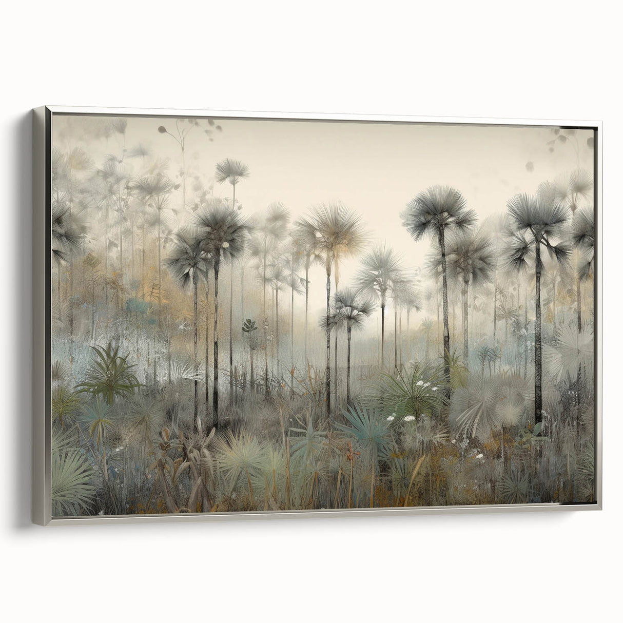 Framed abstract landscape wall art featuring a silver frame and vibrant colors, showcasing a modern design that enhances contemporary interiors. Ideal for adding elegance to living spaces.