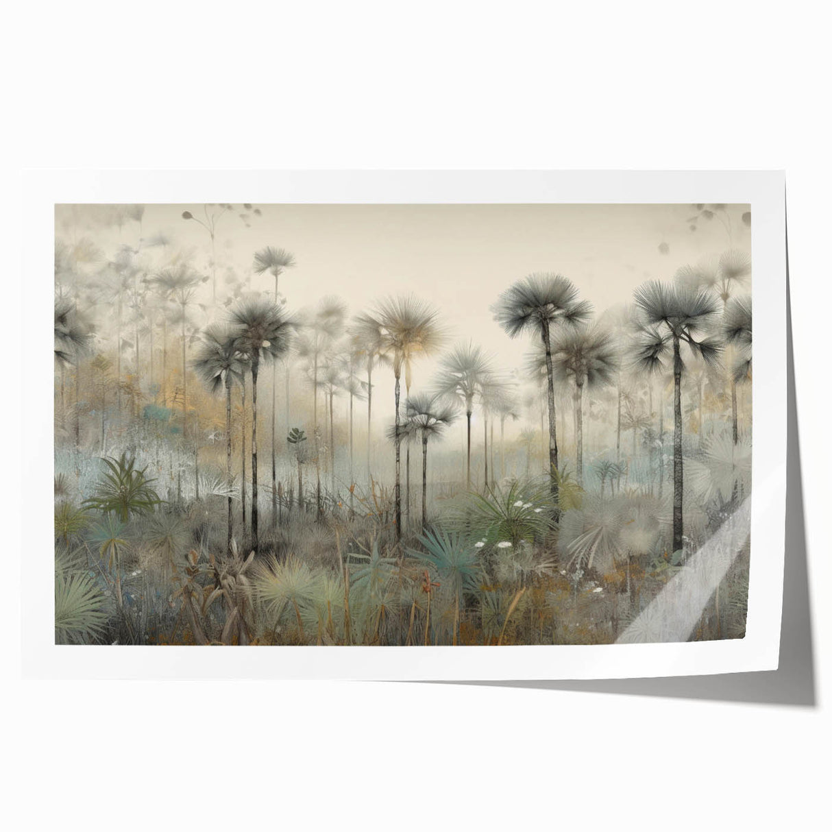 Abstract landscape wall art print featuring vibrant colors of blue, green, and gold, rolled for shipping in a protective tube, ideal for modern home decor.