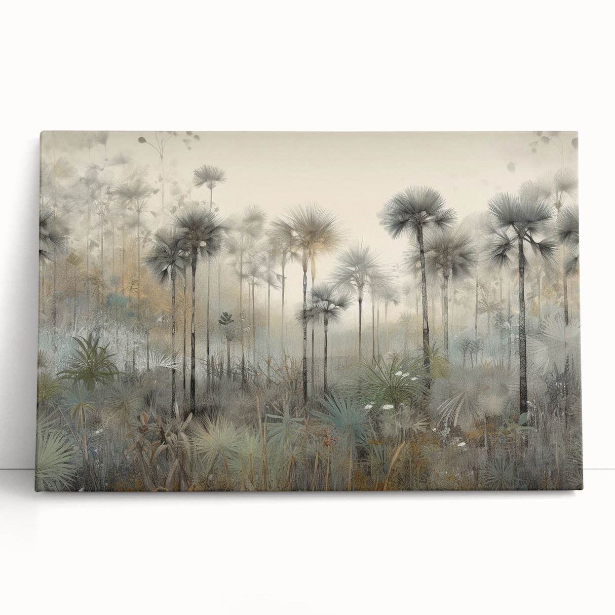 Abstract landscape wall art on stretched canvas, featuring vibrant colors and dynamic shapes, leaning against a minimalist wall, ideal for modern home decor.