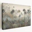 Stretched canvas artwork showcasing an abstract landscape design, featuring rich colors and intricate textures, presented from a side view to highlight its depth and quality. Perfect for modern decor enthusiasts.